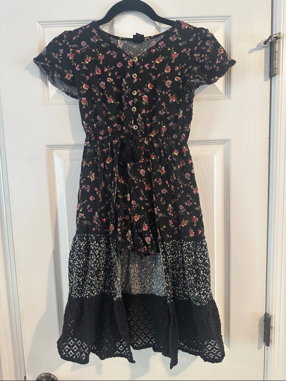 Black Floral Tiered Dress Button-Front Top Open Front Bottom Built-In Shorts